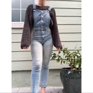 Long denim high-waisted overalls. Comfy skinny stretch fit, cute with crops!
